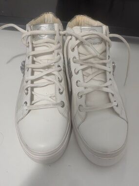 Michael Kors White High-Top Lace-Up Sneakers with Silver Accents
